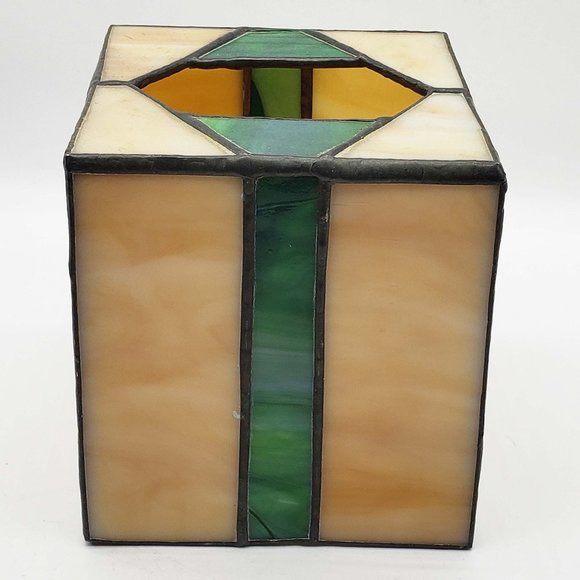 Vintage Handmade Slag Stained Glass Cream Emerald Tissue Box Cover - Picture 4 of 4